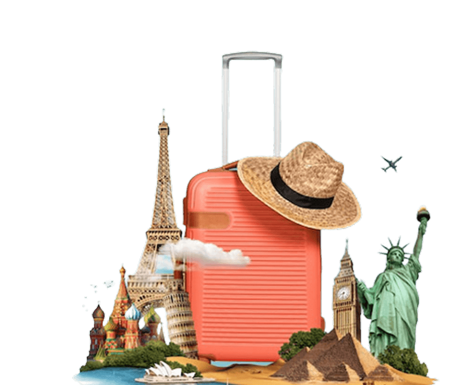 Travel collage with suitcase and landmarks